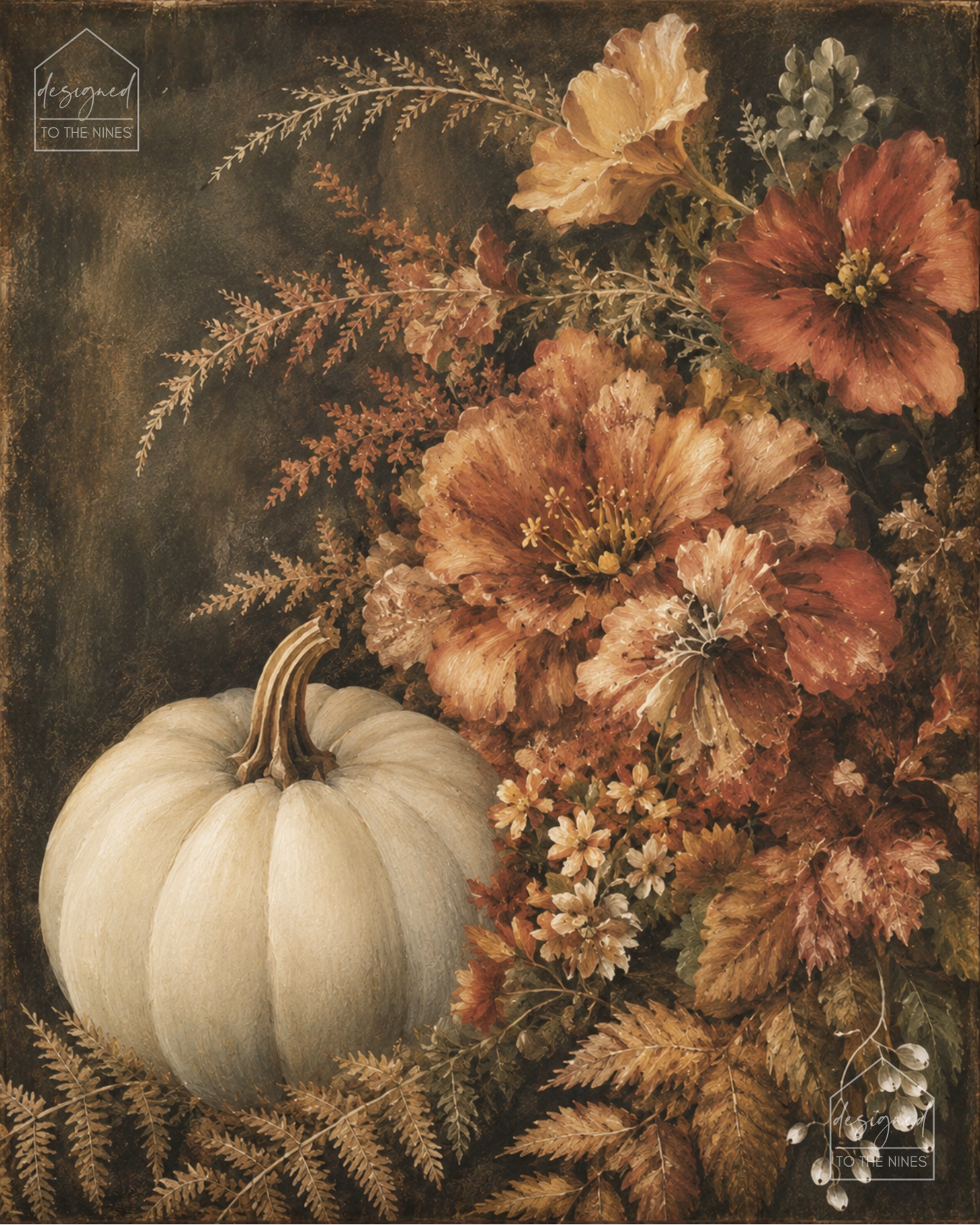 White Pumpkin Floral Art Print | Vintage Fall Digital Download