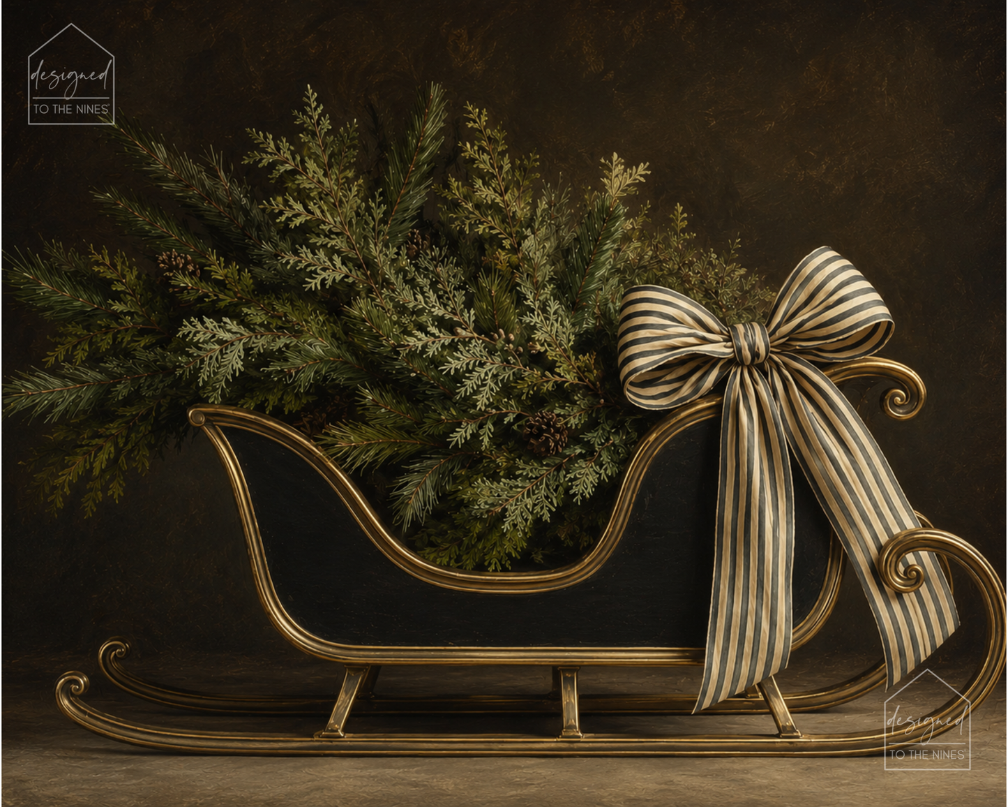 Elegant Christmas Sleigh Art Print | Black and Gold Holiday Digital Download