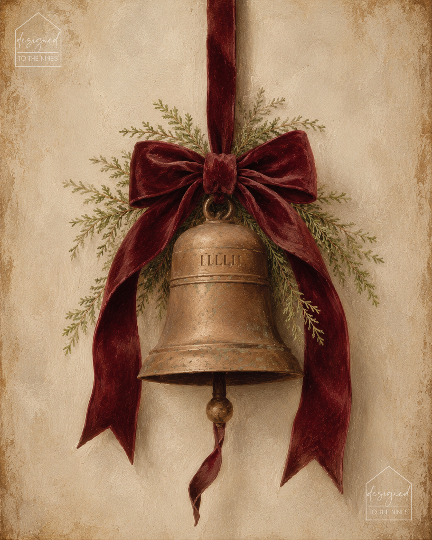 Vintage Christmas Bell Art Print | Red Velvet Bow Digital Download