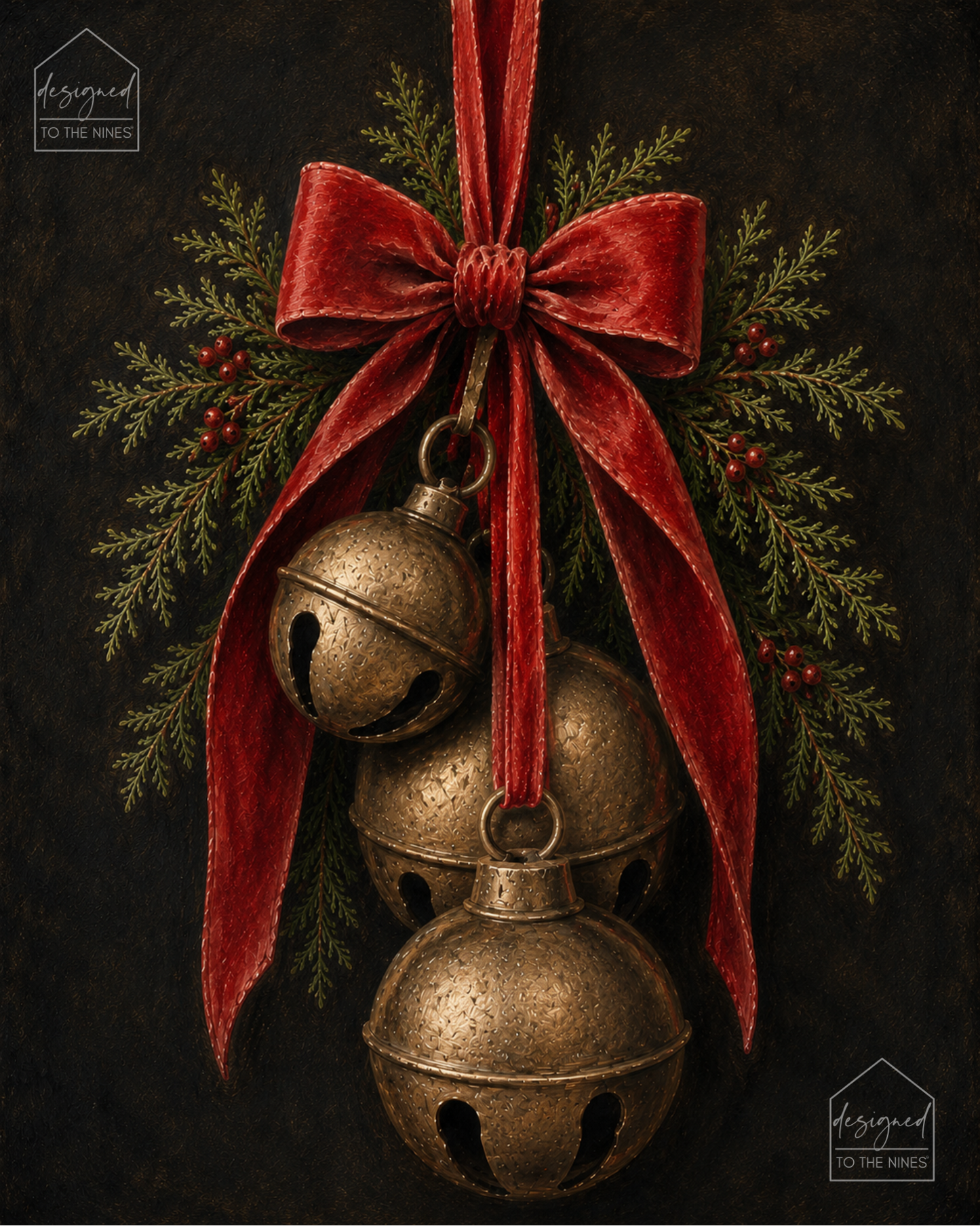 Vintage Jingle Bell Christmas Art Print | Red Bow Digital Download