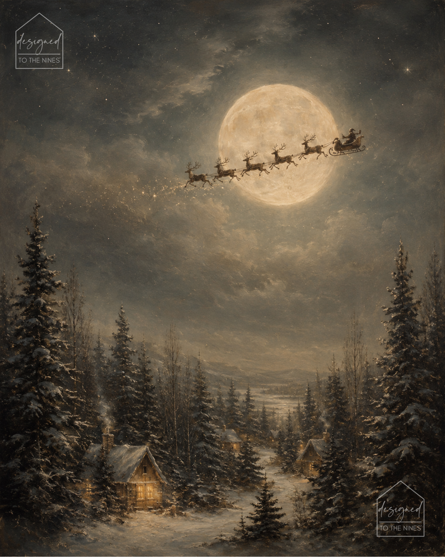 Vintage Santa Sleigh Moonlight Christmas Art Print | Digital Download