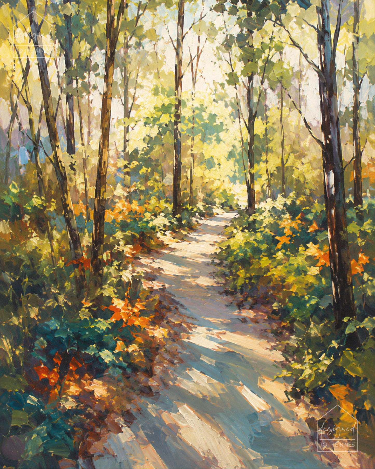 Sunlit Forest Path Art Print | Colorful Woodland Digital Download