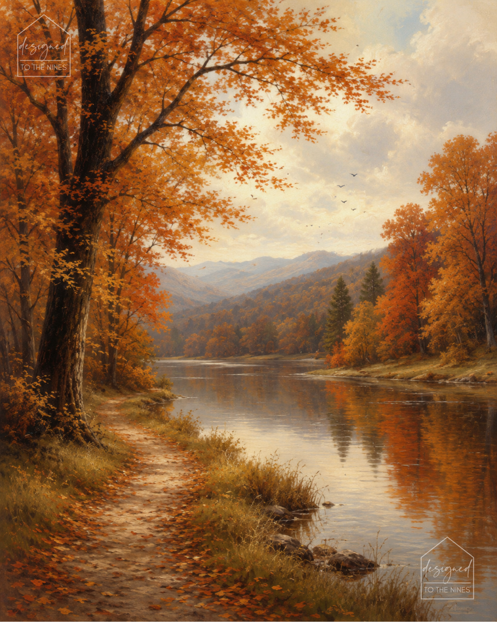 Autumn Lake Path Art Print | Vintage Fall Landscape Digital
