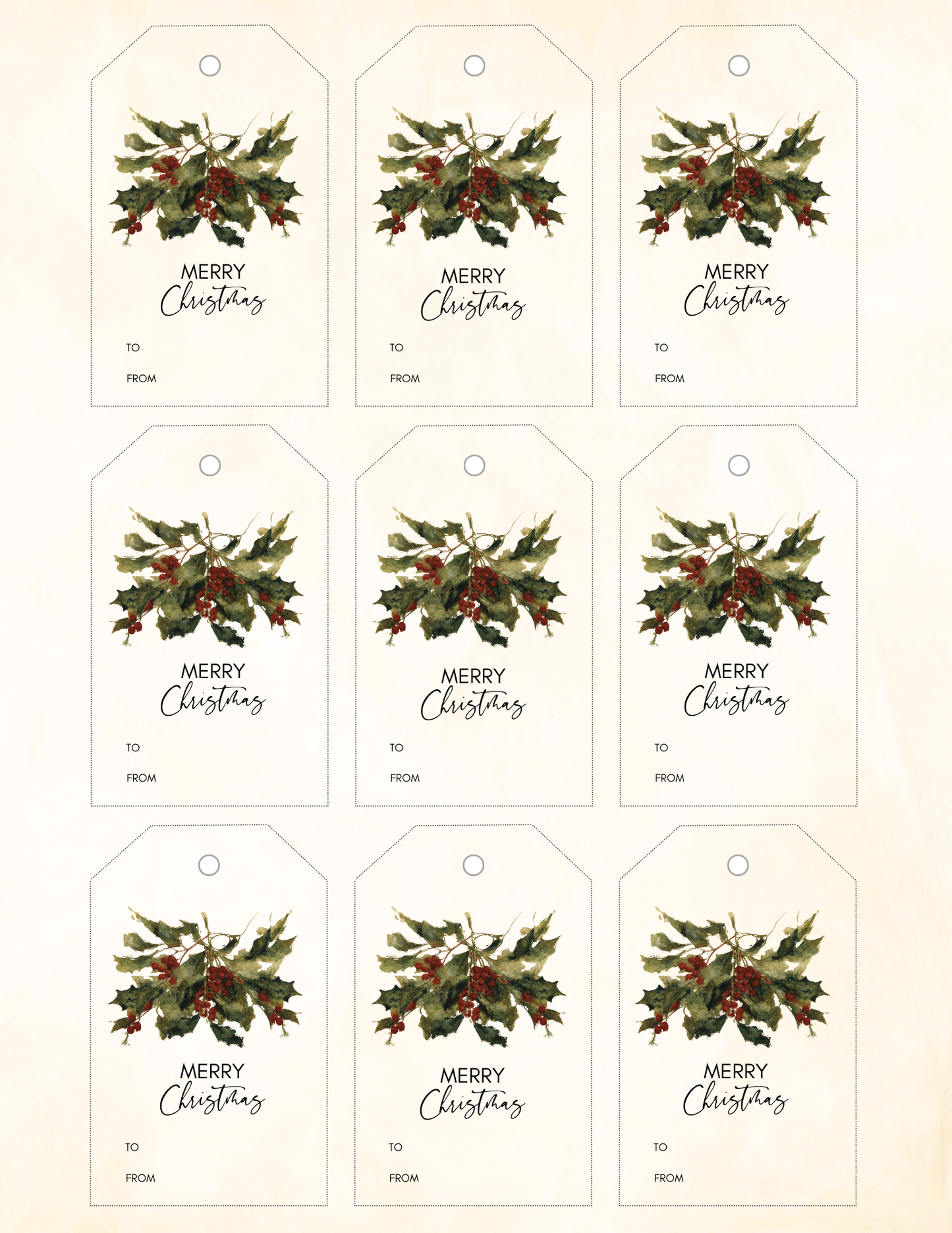 Vintage Holly Gift Tags – Printable Christmas Digital Download