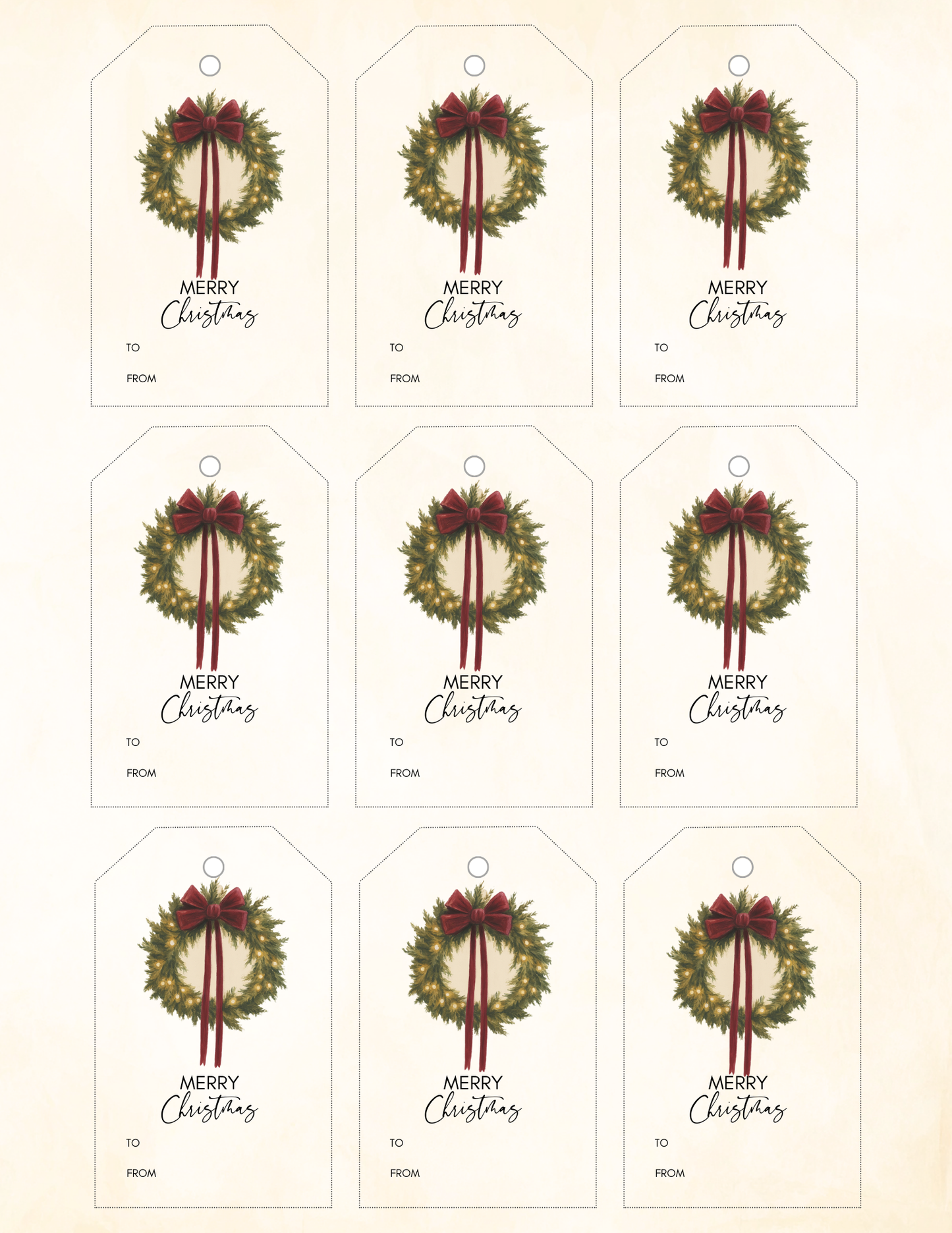 Wreath with Red Bow Gift Tags – Printable Digital Download