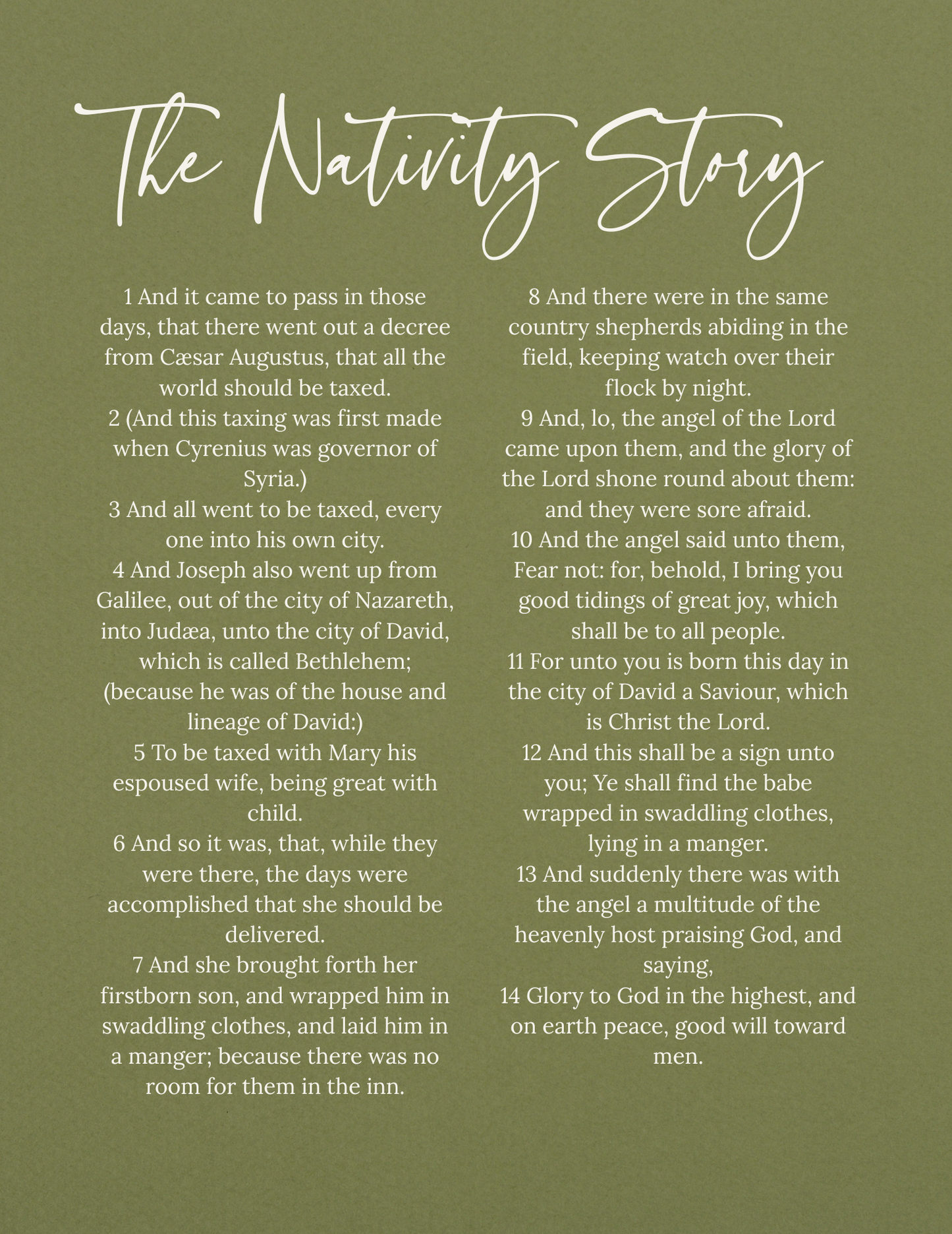 The Nativity Story Digital Print – Green Christmas Scripture Art