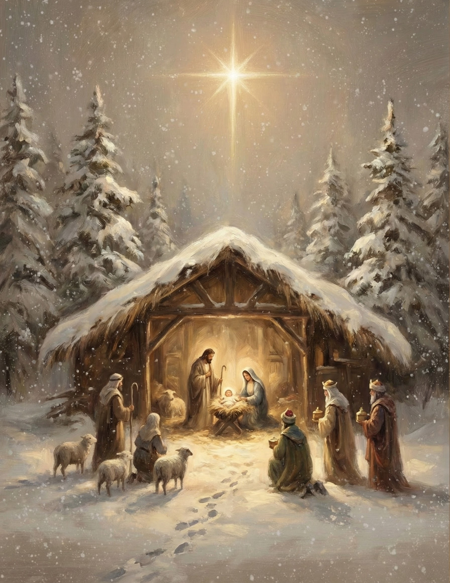 Snowy Nativity Scene Digital Print – Peaceful Christmas Artwork
