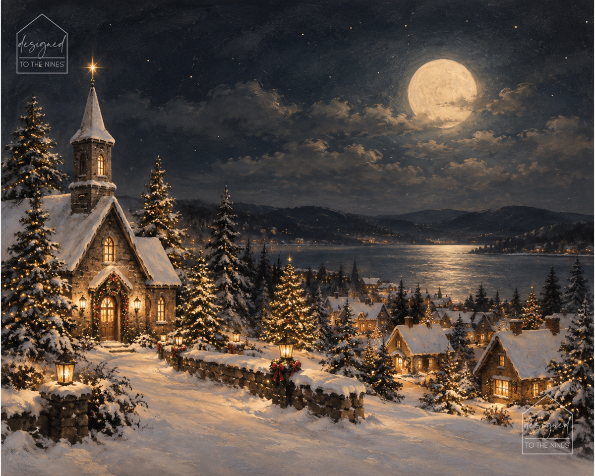 Christmas Village Church Art Print | Snowy Winter Digital Download
