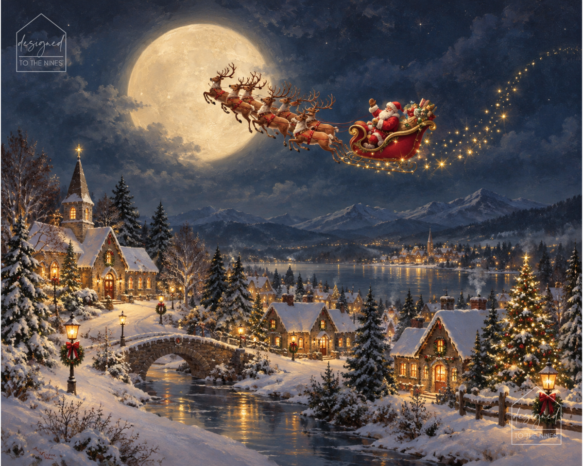 Santa Sleigh Christmas Village Art Print | Magical Winter Digital Download