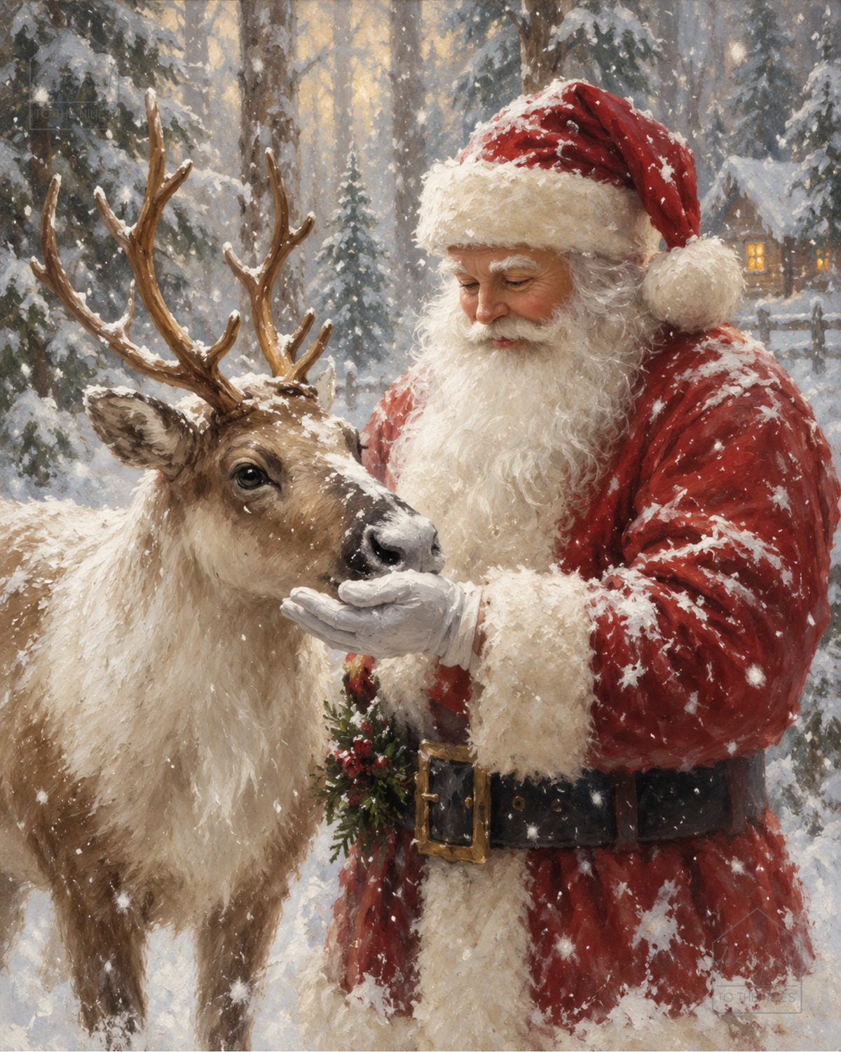 Santa with Reindeer Art Print | Vintage Christmas Digital Download