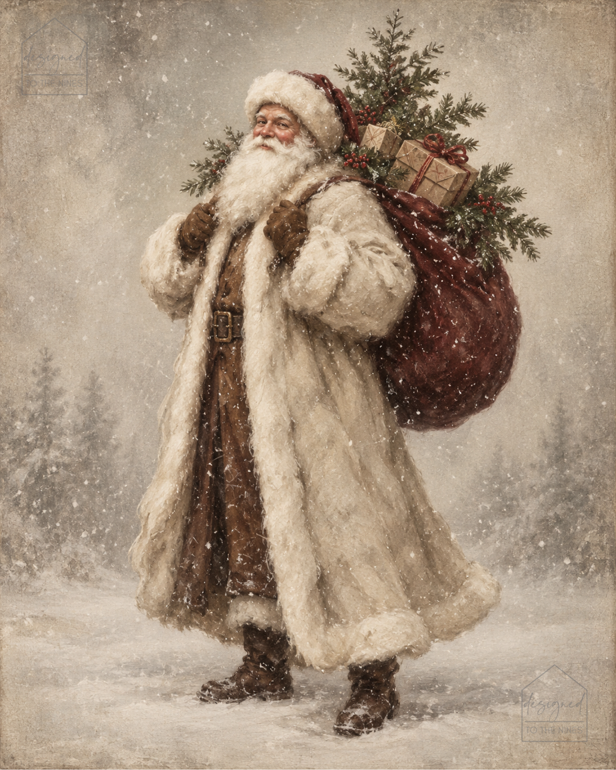 Vintage Santa with Gift Bag Art Print | Classic Christmas Digital Download