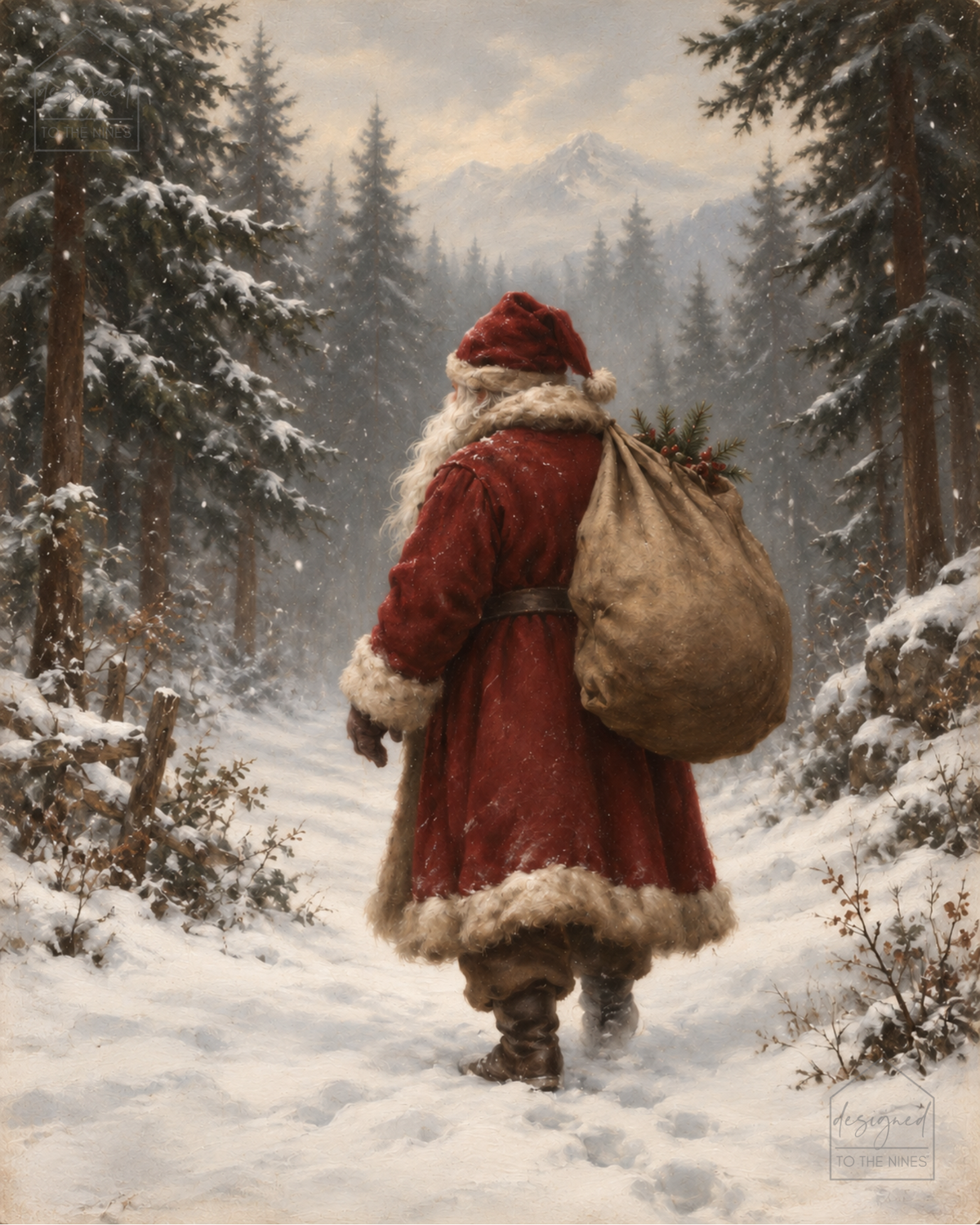 Santa Walking Through Snowy Forest Art Print | Vintage Christmas Digital Download