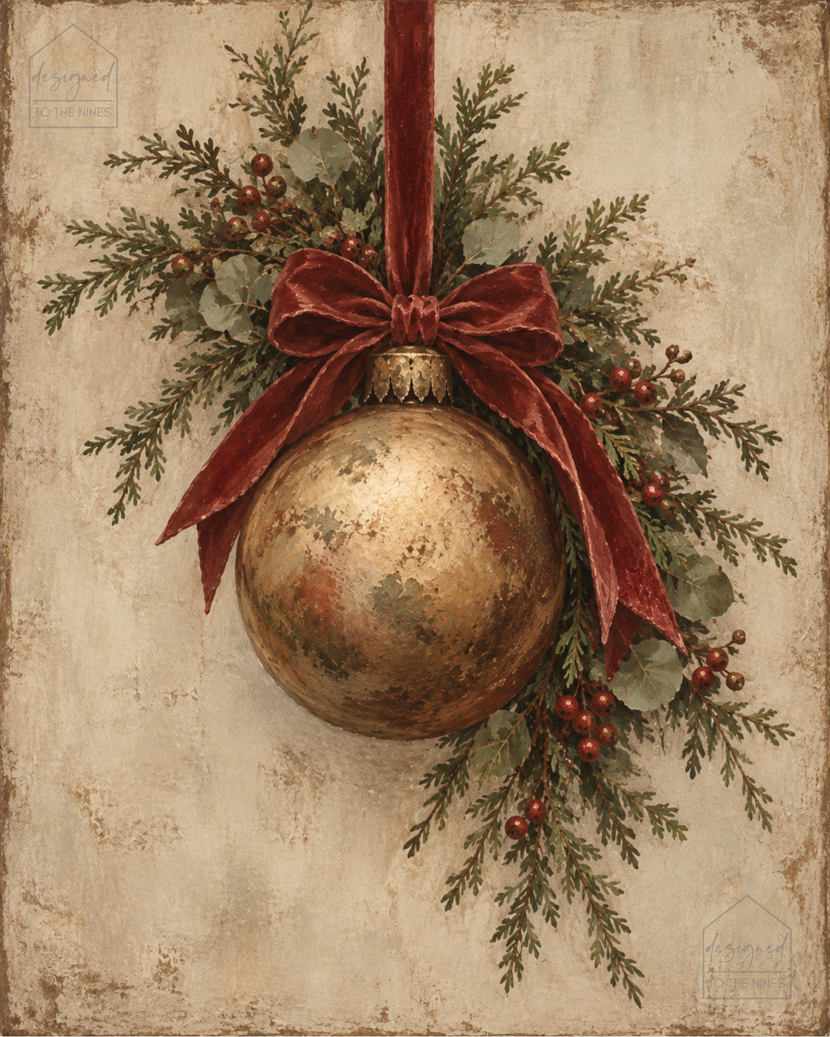 Gold Christmas Ornament Art Print | Vintage Holiday Digital Download