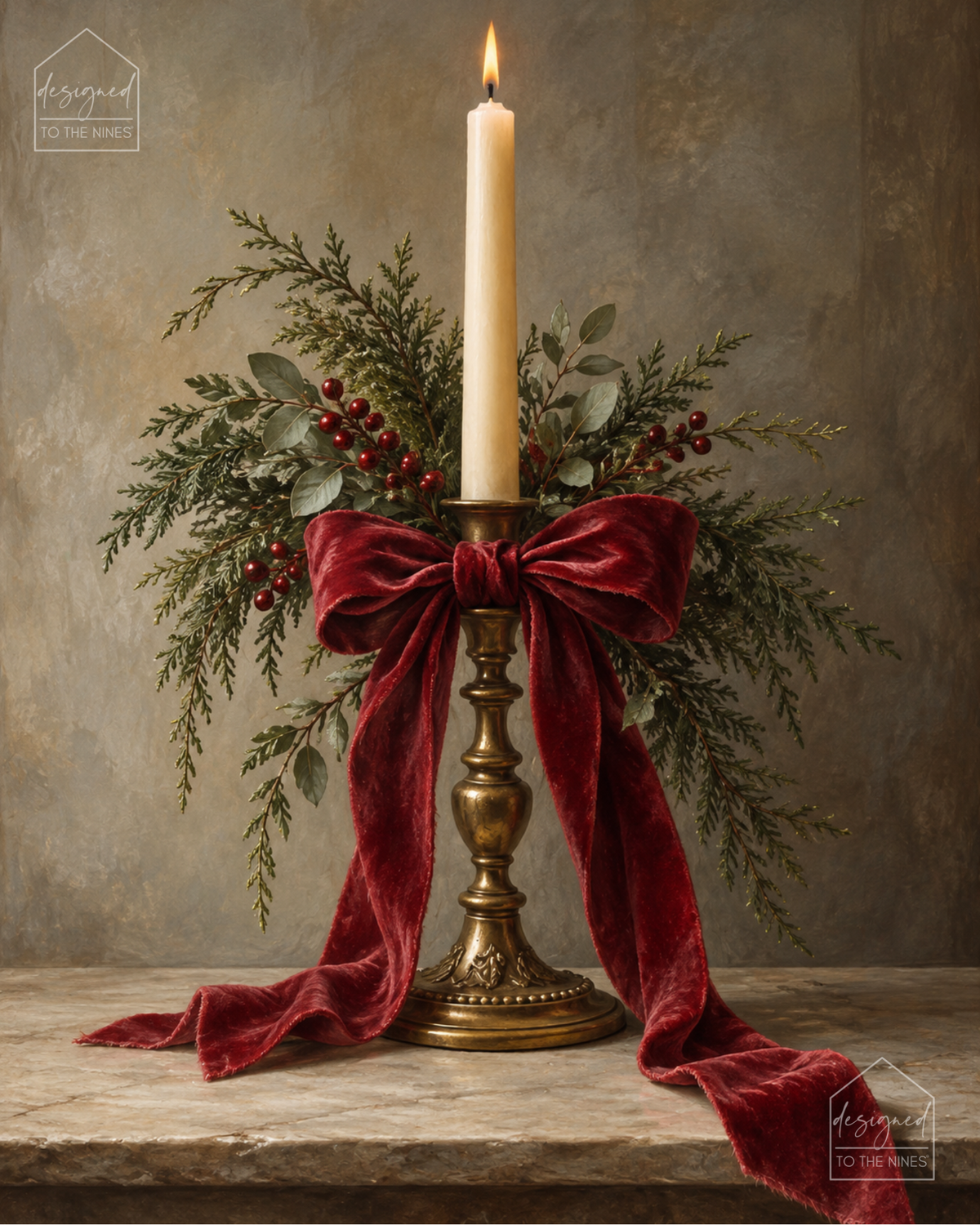 Christmas Candle with Velvet Bow Art Print | Vintage Holiday Digital Download
