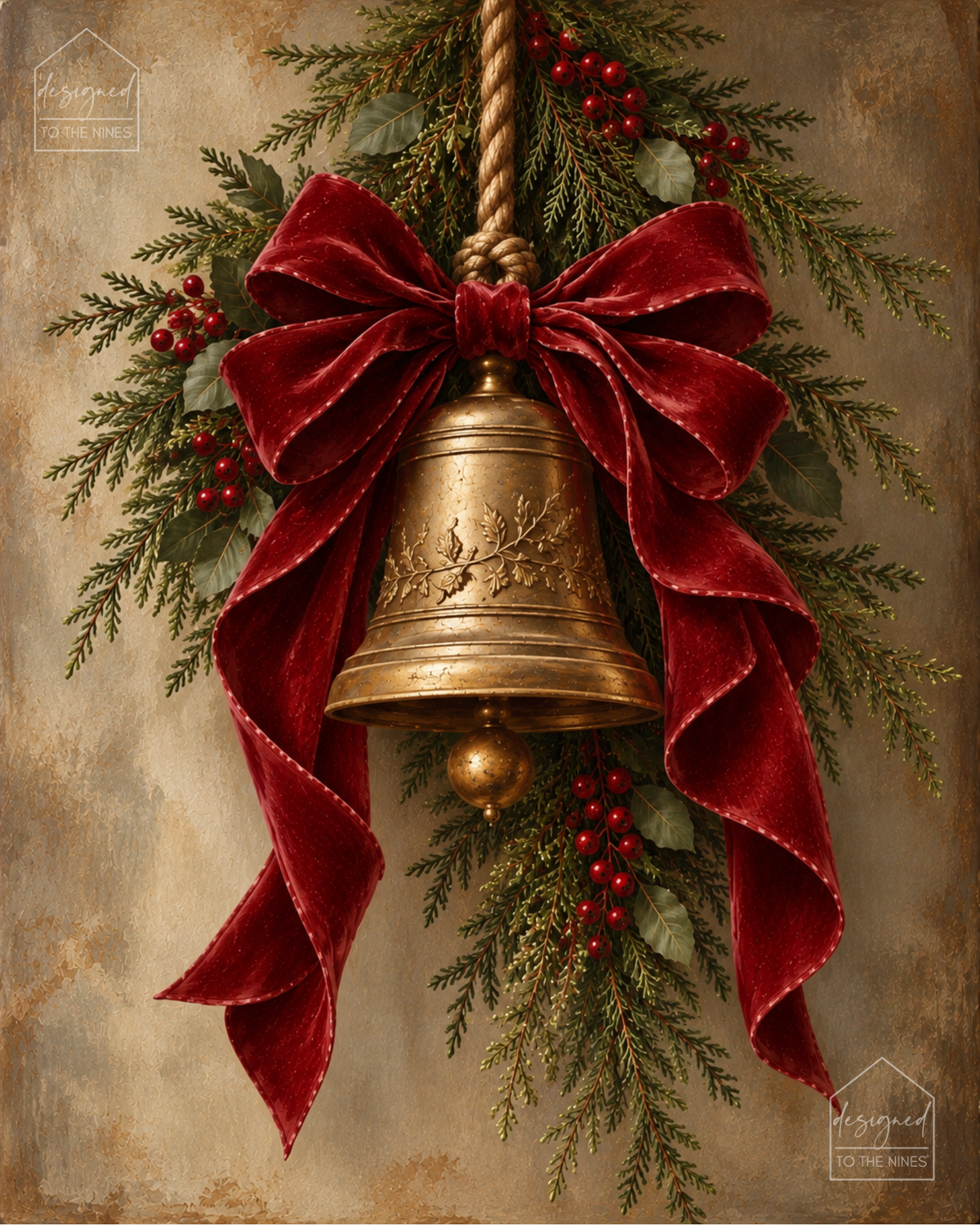 Christmas Bell with Red Velvet Bow Art Print | Vintage Holiday Digital Download