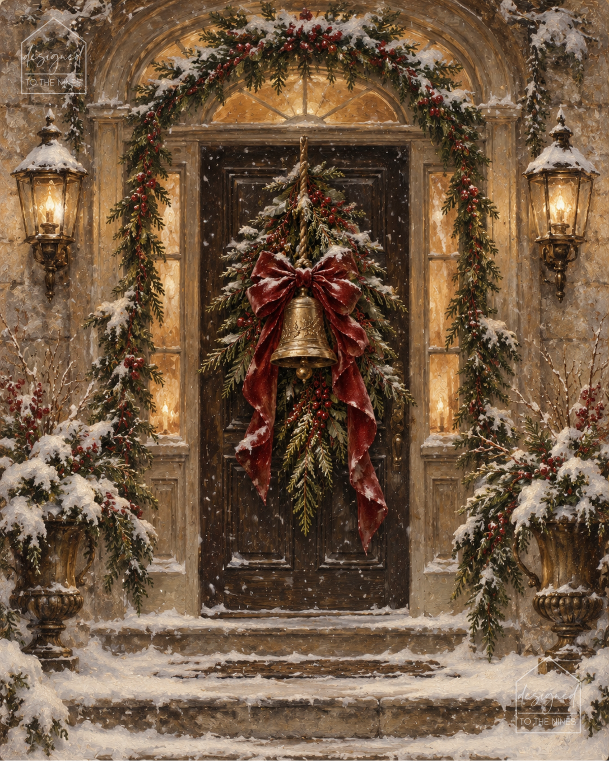 Christmas Door with Bell Wreath Art Print | Vintage Holiday Digital Download