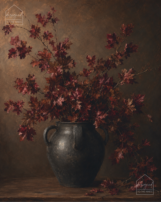 Moody Fall Leaves Vase Art Print | Vintage Autumn Digital Download