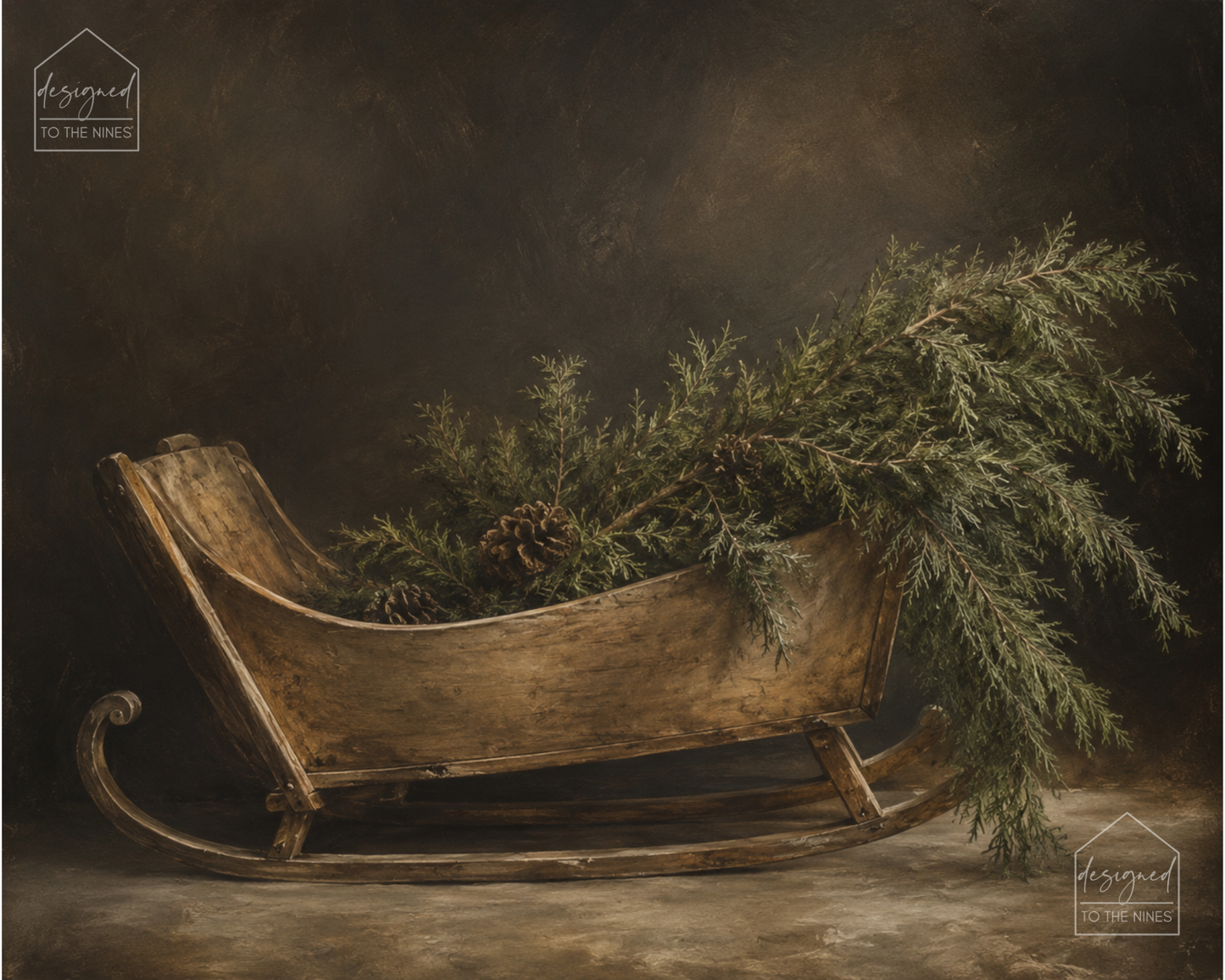 Vintage Wooden Sleigh Christmas Art Print | Evergreen Holiday Digital Download