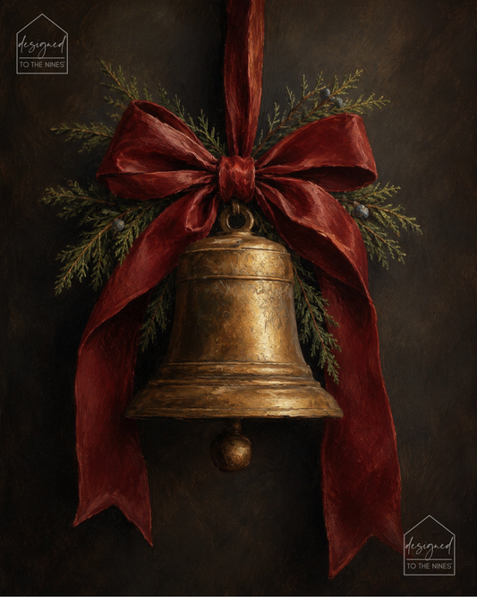 Vintage Christmas Bell Art Print | Red Bow Holiday Digital Download