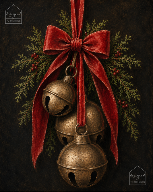 Vintage Jingle Bell Christmas Art Print | Red Bow Digital Download