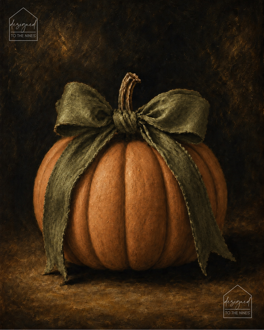 Orange Pumpkin with Olive Bow Art Print | Vintage Fall Digital Download