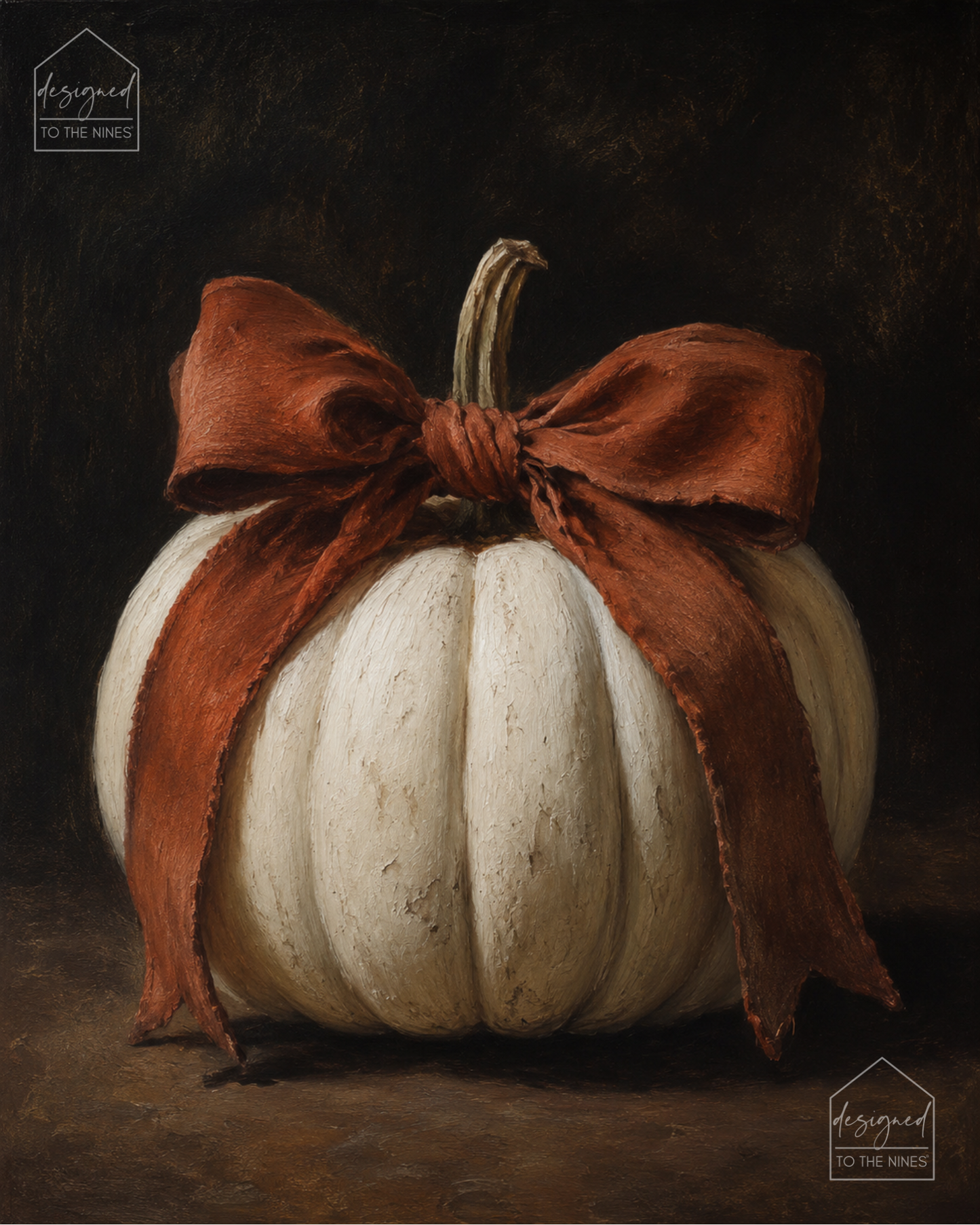 White Pumpkin with Rust Bow Art Print | Vintage Fall Digital Download