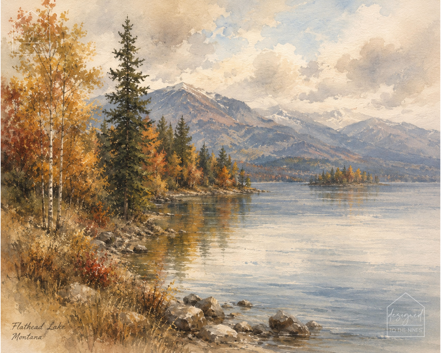 Flathead Lake Montana Art Print | Watercolor Autumn Landscape Digital Download