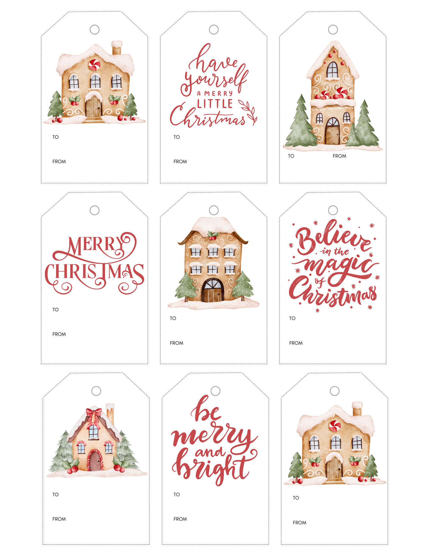 Gingerbread Houses Gift Tags – Printable Digital Download with Cranberry Red Accents