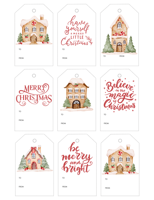 Gingerbread Houses Gift Tags – Printable Digital Download with Cranberry Red Accents