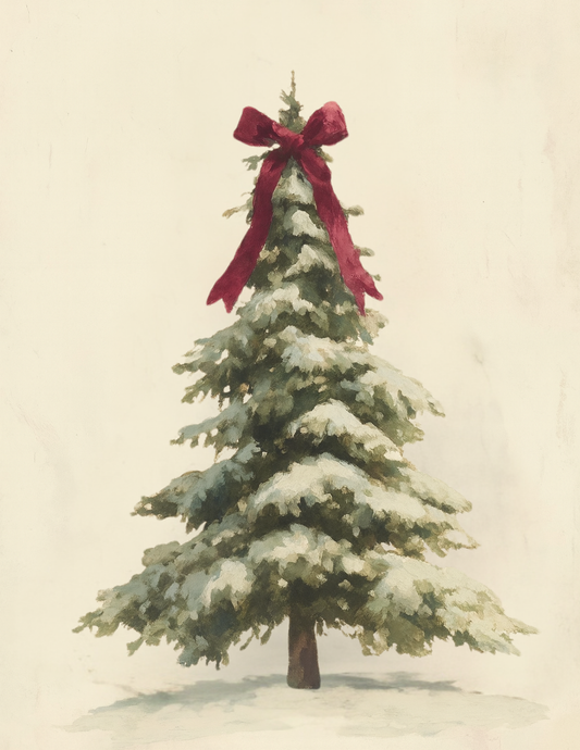Christmas Tree with Red Bow Digital Print – Classic Holiday Decor