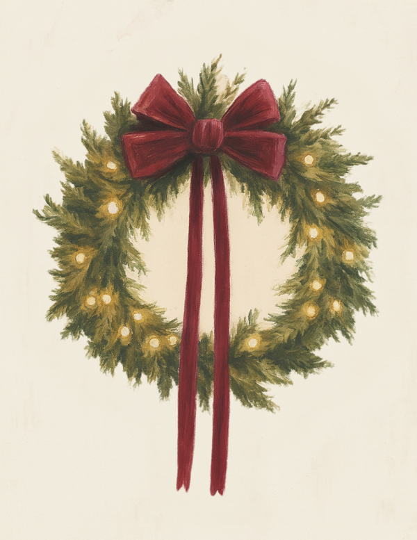 Wreath With Red Bow Digital Print Classic Christmas Wall Art