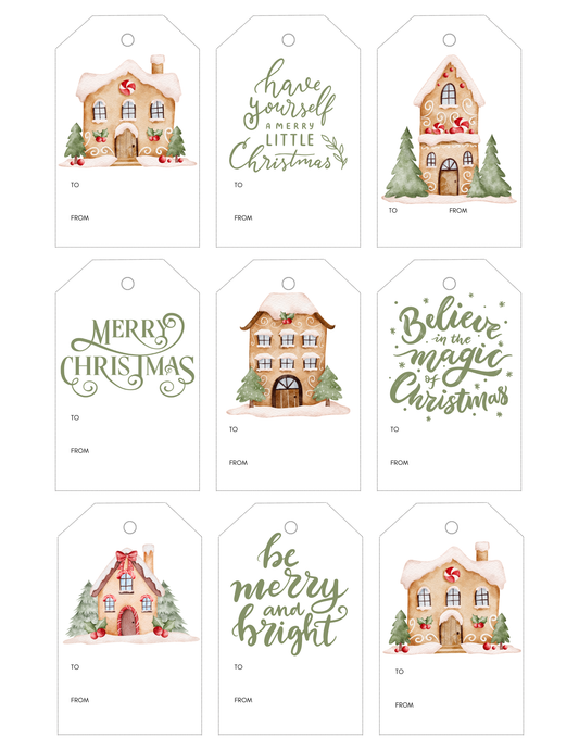 Gingerbread Houses Gift Tags – Printable Digital Download with Green Accents