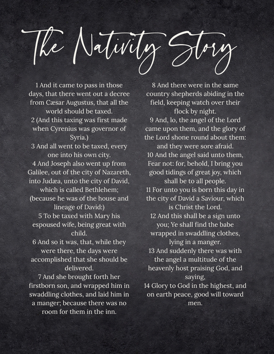 The Nativity Story Digital Print – Black Christmas Scripture Art
