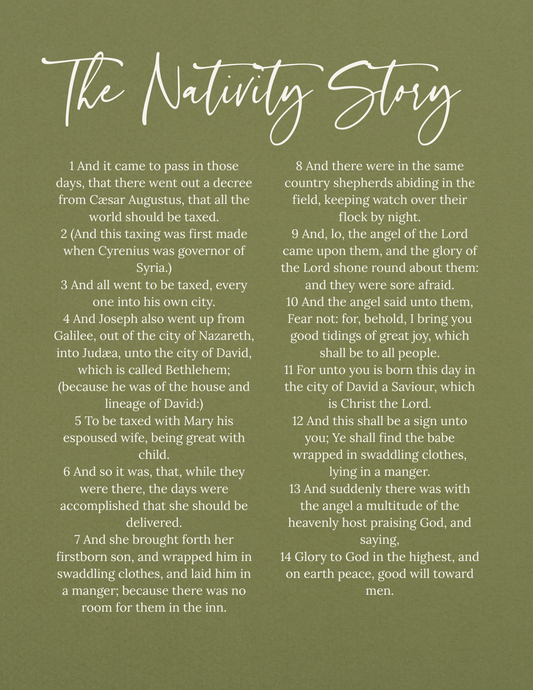 The Nativity Story Digital Print – Green Christmas Scripture Art