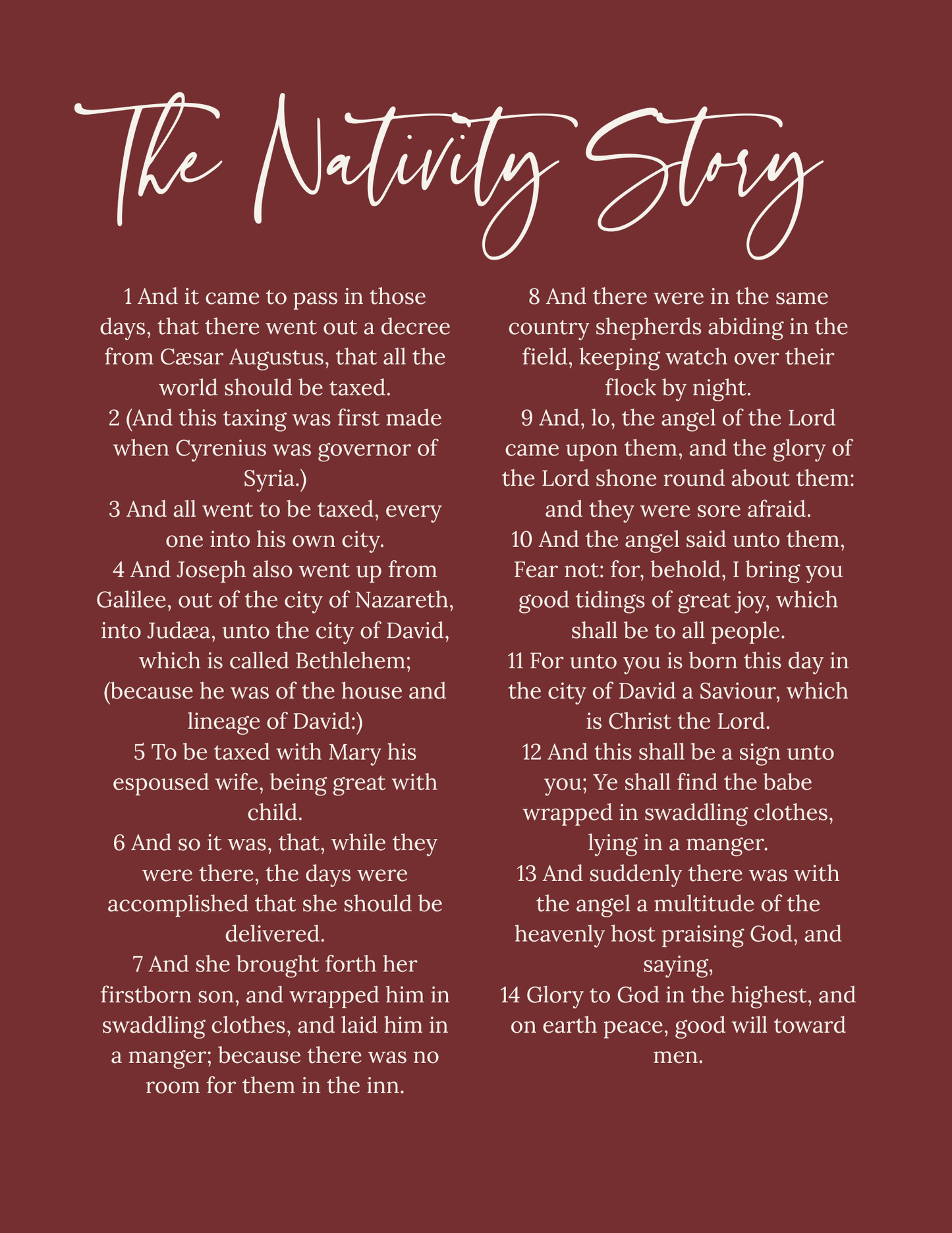 The Nativity Story Digital Print – Cranberry Red Christmas Scripture Art