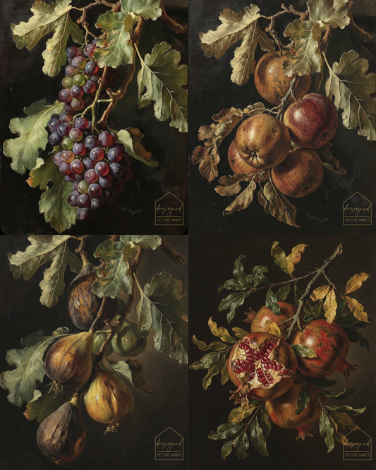 Moody European Kitchen Art Prints Set of 4 – Vintage Fruit Still Life Wall Decor