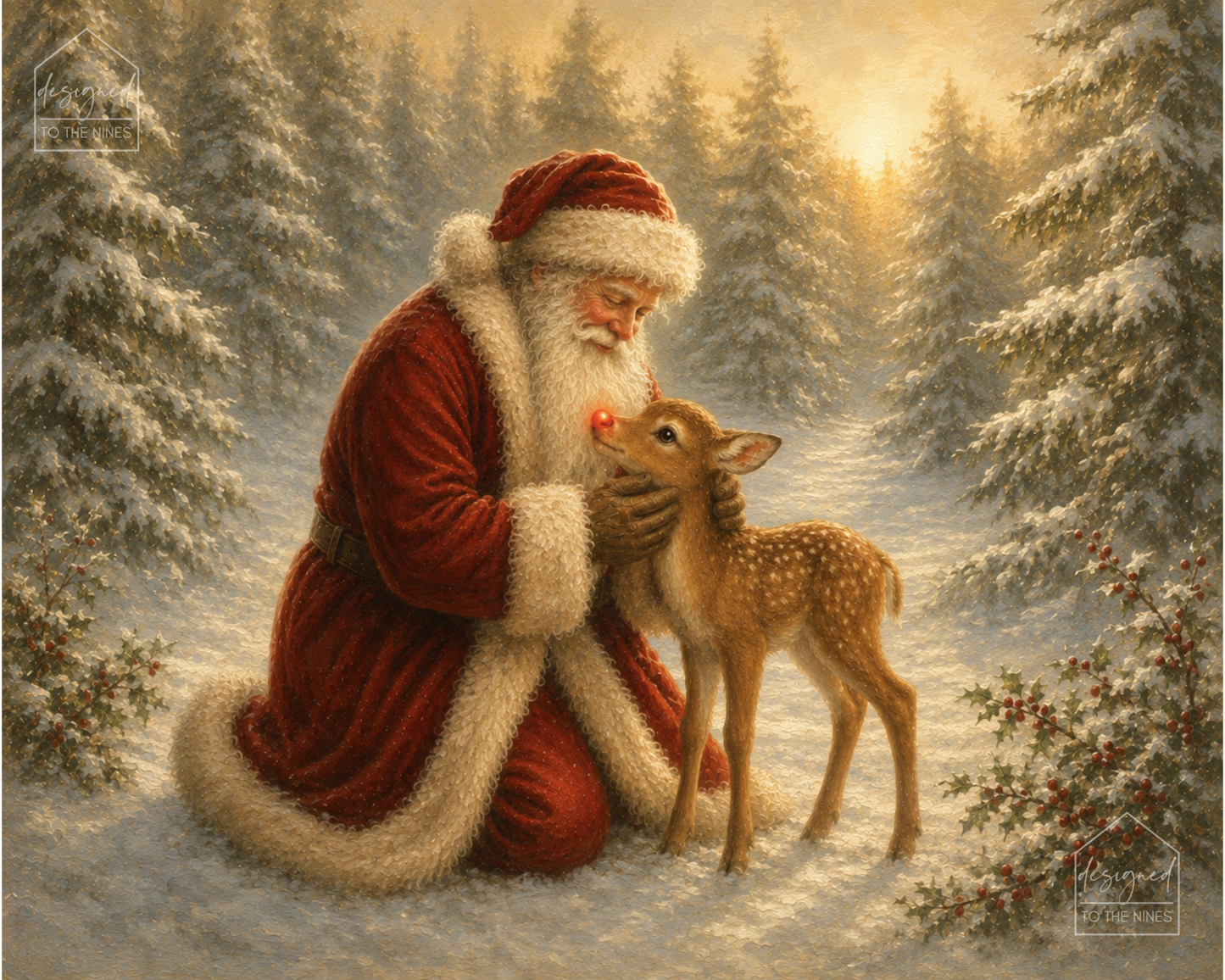 Vintage Santa and Baby Deer Christmas Art Print | Digital Download