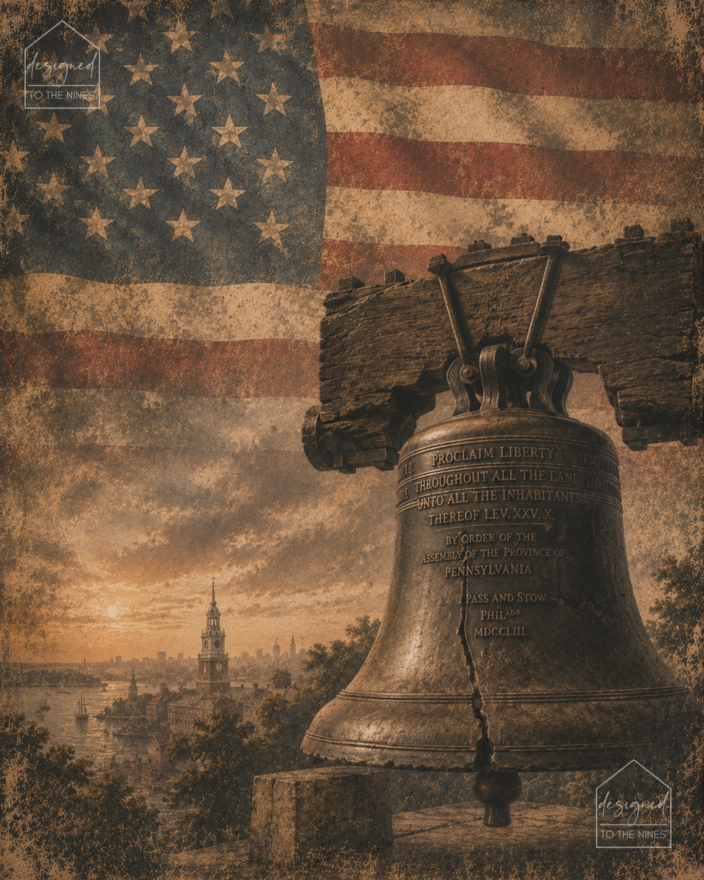 Vintage Liberty Bell Patriotic Art Print | American Flag Digital Print Download