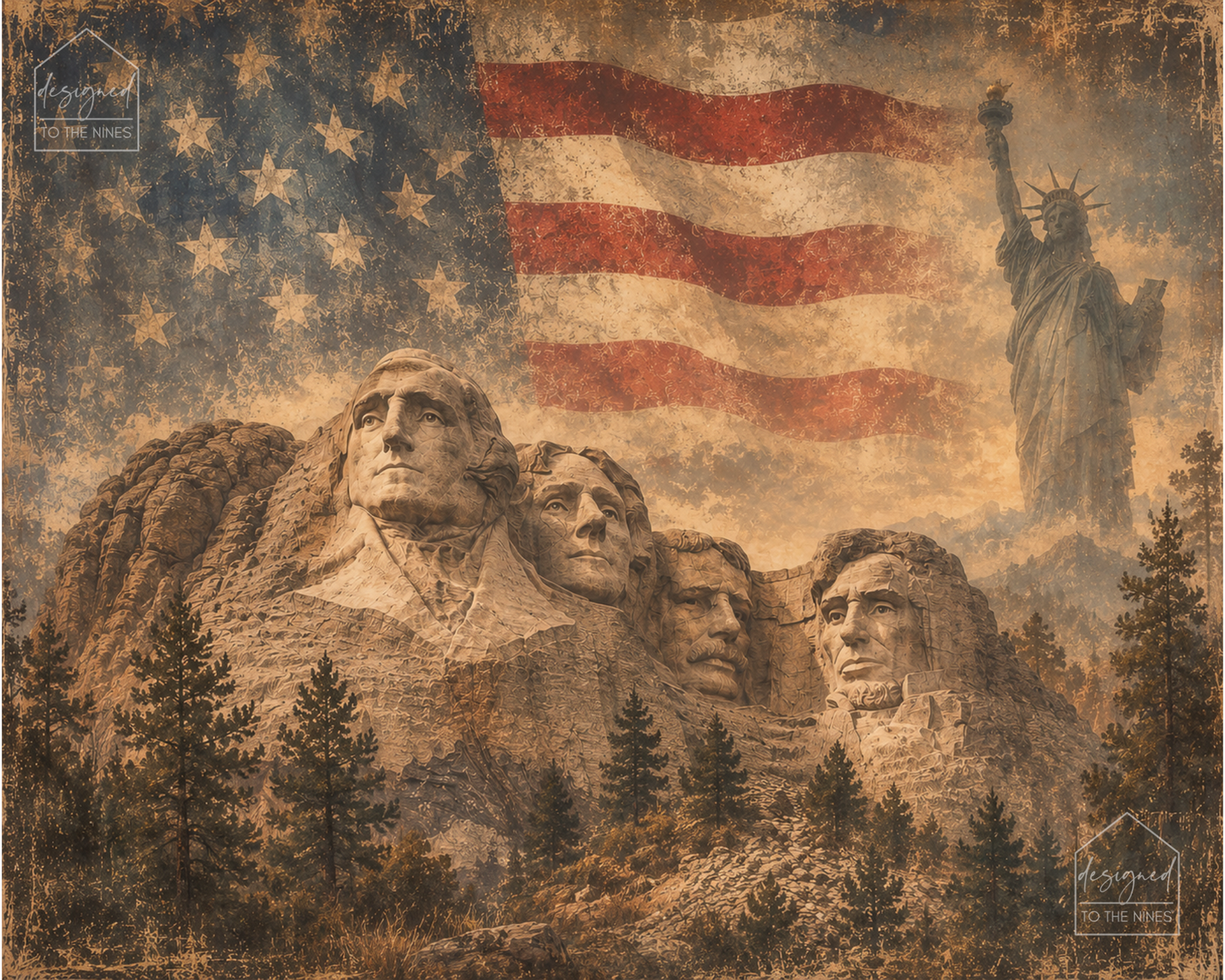 Vintage Americana Mount Rushmore & Statue of Liberty Patriotic Art Print | Digital Download