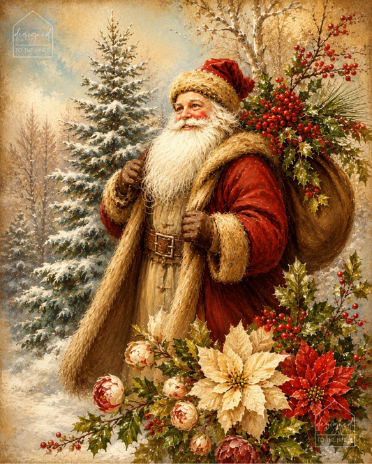 Vintage Santa Christmas Art Print | Poinsettia Holiday Digital Download