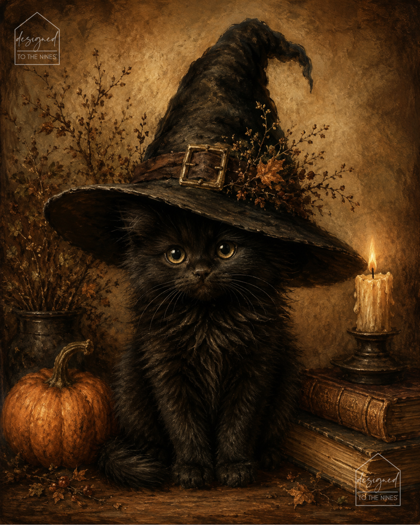 Black Cat Witch Hat Art Print | Vintage Halloween Digital Download