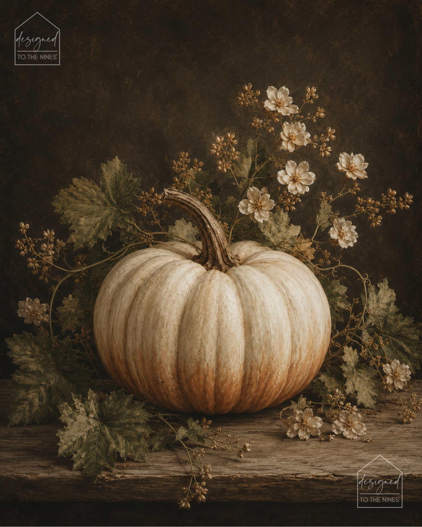 Vintage White Pumpkin Floral Art Print | Neutral Fall Digital Download