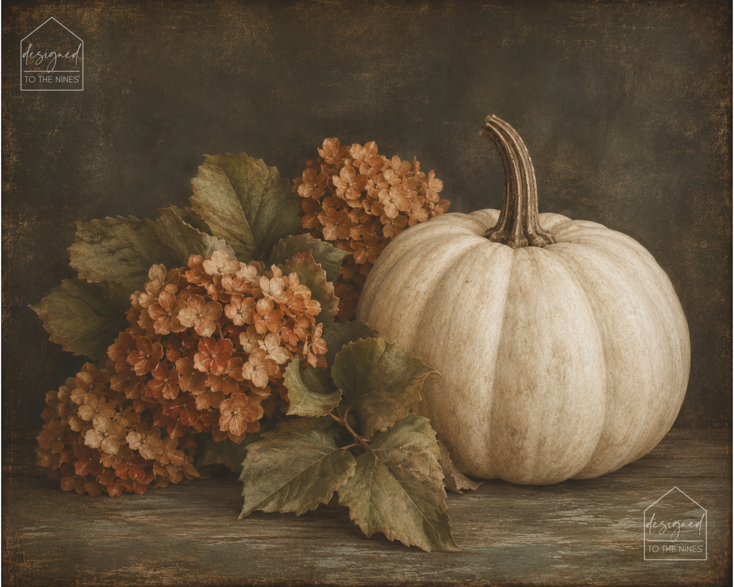 Vintage White Pumpkin & Hydrangea Art Print | Moody Fall Digital Download