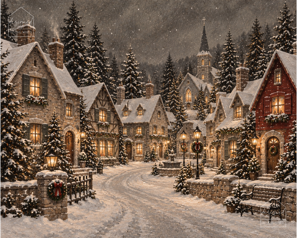 Cozy Christmas Village Art Print | Snowy Holiday Digital Download
