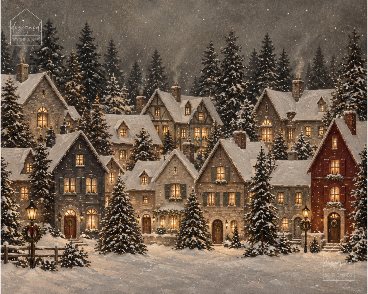 Snowy Christmas Cottages Art Print | Cozy Winter Village Digital Download