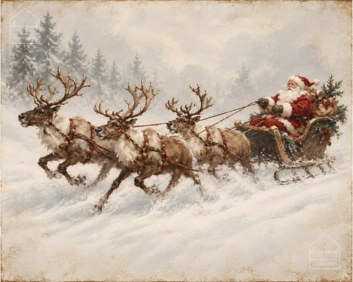 Santa Sleigh with Reindeer Art Print | Vintage Christmas Digital Download