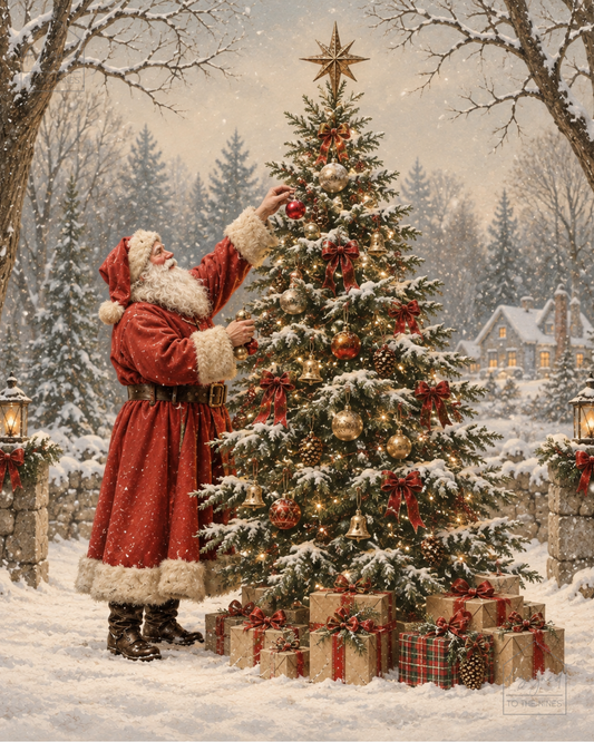 Santa Decorating Christmas Tree Art Print | Vintage Holiday Digital Download
