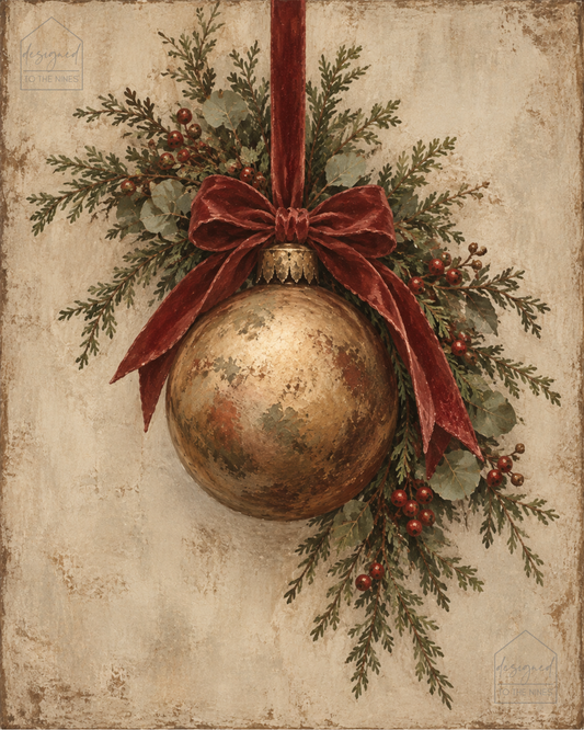 Gold Christmas Ornament Art Print | Vintage Holiday Digital Download