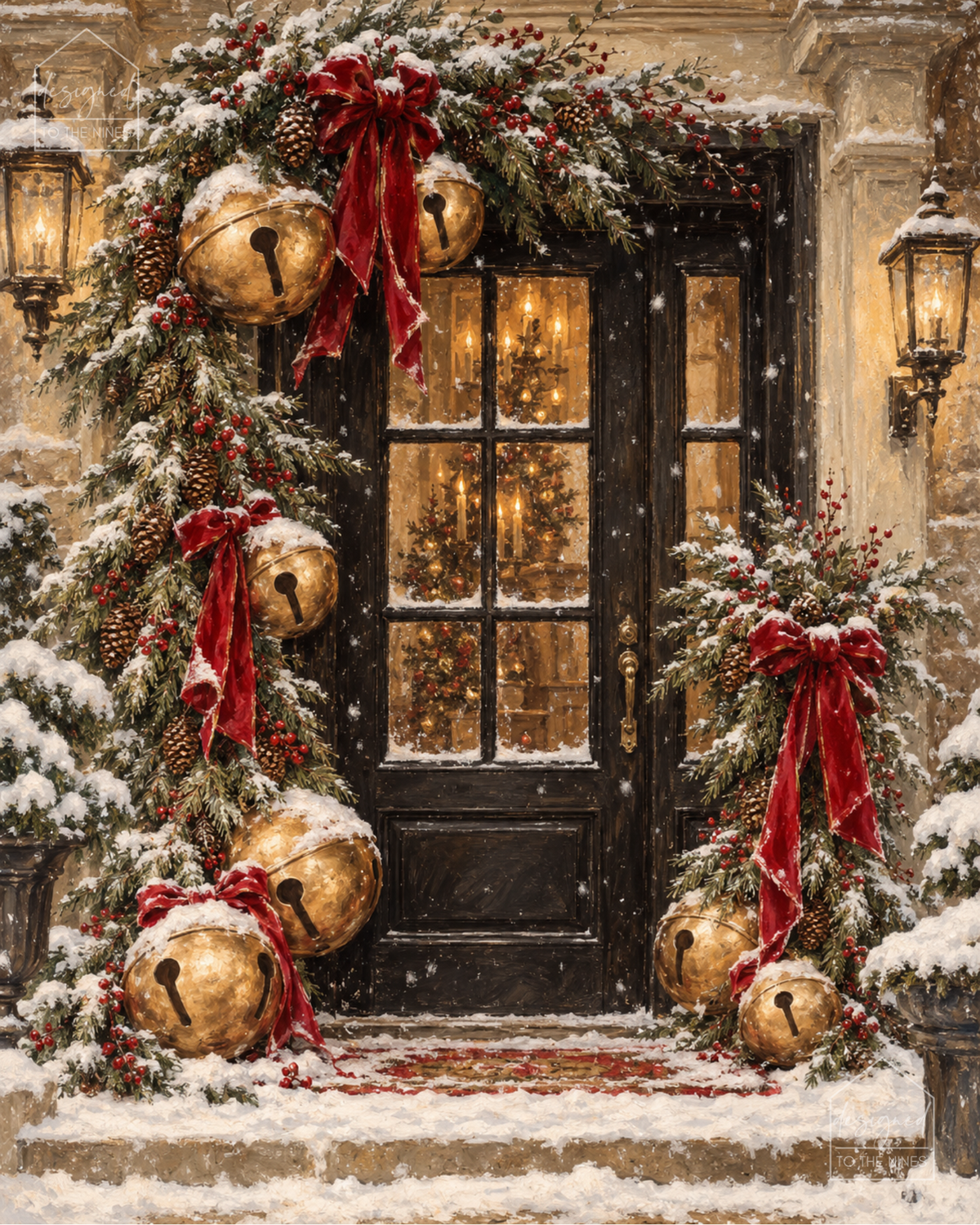 Christmas Door with Gold Bells Art Print | Vintage Holiday Digital Download