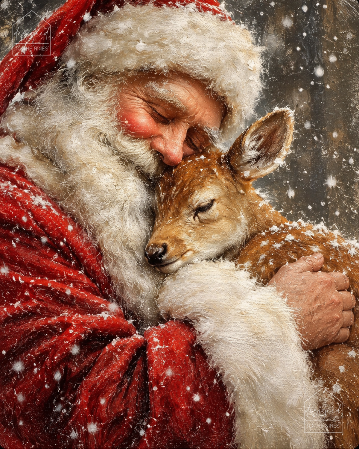 Santa Hugging Baby Deer Art Print | Vintage Christmas Digital Download
